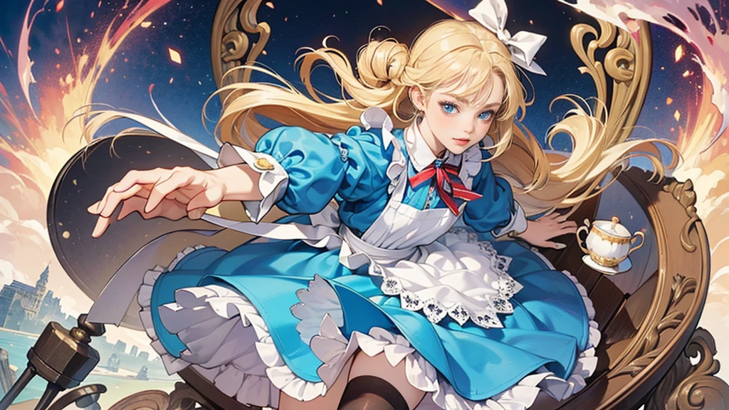 Super gorgeous, extreme multiplication, shiny crystal, (beautiful detailed eyes), movie lighting, white hair, blue eyes, long blonde hair, curly hair, Roman curls, princess sleeves, frills, glowing eyes, (illuminated particles), cloudy, alice in wonderland, blue eyes, light blue skirt, walking stick, dramatic composition, extreme detail, high resolution, Mr. Rabbit, white rabbit, pocket watch, playing cards flying in the air, Lolita dress, blue and white striped stockings, bow, look at the camera, socks with frills, pearl necklace, Lace gloves, large bow headdress, ribbon, jump, fall, levitation, cloudy, starry, dreamy