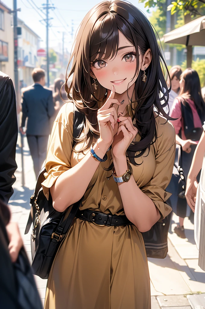 (masterpiece, best quality, ultra-detailed, highres, 4k),(beautiful detailed eyes),(very detailed face),(1girl),HDR,long hair, phone, brown eyes, brown hair, cellphone, bracelet, tank , jewelry, watch, lips, solo focus, nail polish, blurry background, smile, wristwatch, realistic, blurry, looking at viewer, no close on.
