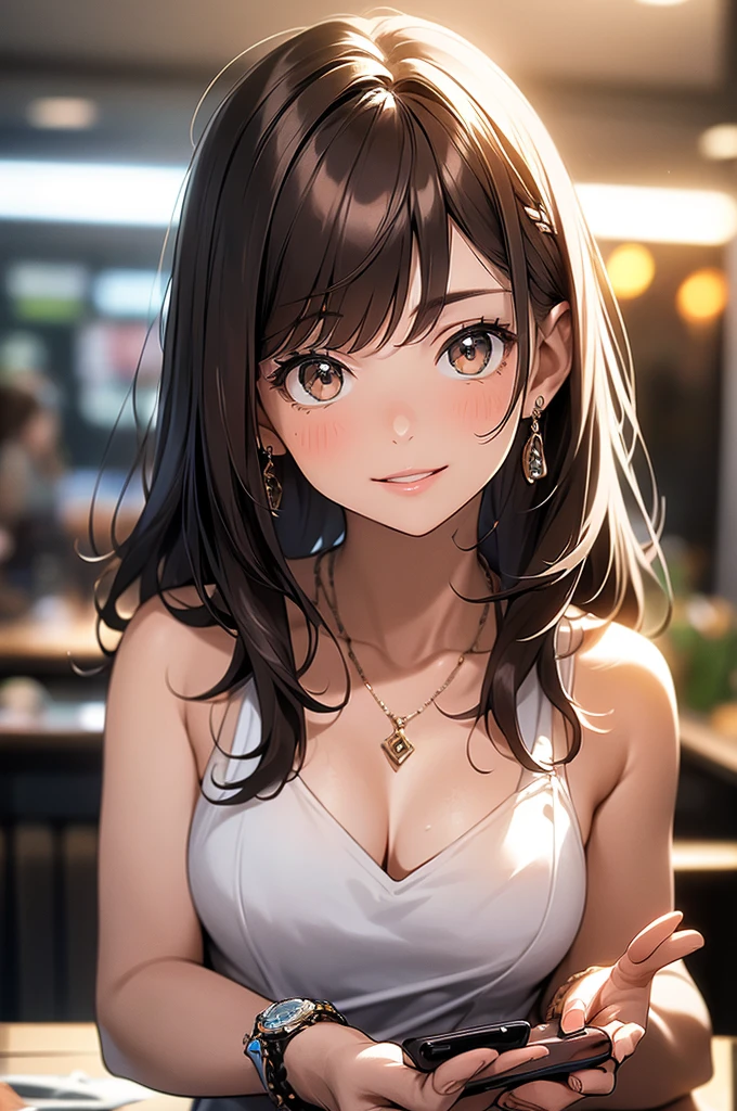 (masterpiece, best quality, ultra-detailed, highres, 4k),(beautiful detailed eyes),(very detailed face),(1girl),HDR,long hair, phone, brown eyes, brown hair, cellphone, bracelet, tank , jewelry, watch, lips, solo focus, nail polish, blurry background, smile, wristwatch, realistic, blurry, looking at viewer, no close on.