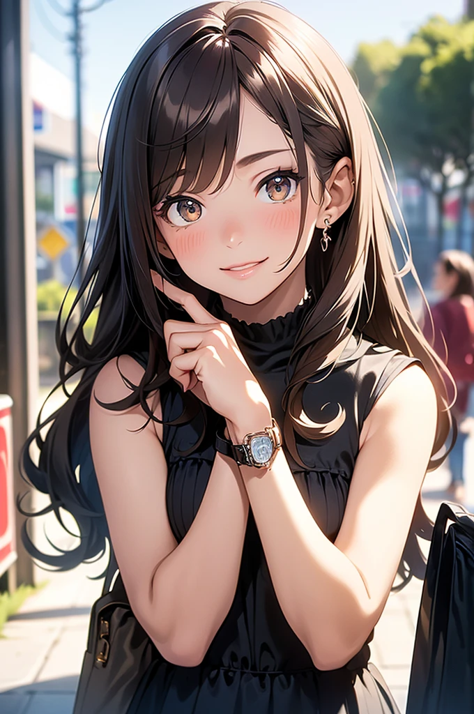 (masterpiece, best quality, ultra-detailed, highres, 4k),(beautiful detailed eyes),(very detailed face),(1girl),HDR,long hair, phone, brown eyes, brown hair, cellphone, bracelet, tank , jewelry, watch, lips, solo focus, nail polish, blurry background, smile, wristwatch, realistic, blurry, looking at viewer, no close on.