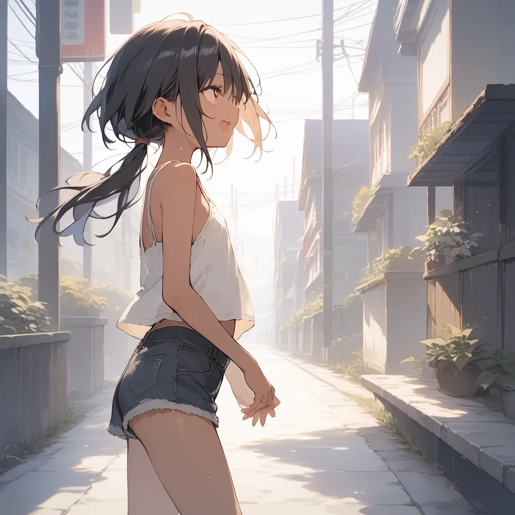 score_9, score_8_up, score_7_up, source_anime, best quality, masterpiece, official art, absurdres, highres, ultra-detailed,waifu2x,Collection: Slice of Life,break,1girl, tomboy, dark-skinned female, short hair, low ponytail, flat chest, beautiful detailed eyes, short shorts, sweat, open mouth, (yawn:0.3), sleepily, outdoors, wind, break,(clear line illustration:1.2),very high resolution, very aesthetic, super detailed skin, Best sexual lighting powered by famous artist, 8k,cute picture,beauty illustration,photoshop_(medium),,(Detailed Lighting),best anime 8k konachan wallpaper, pixiv contest winner,
