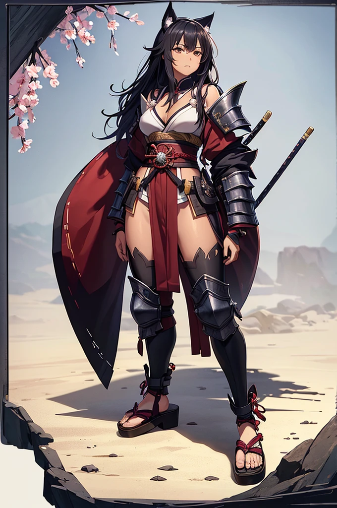 (Masterpiece, best quality), detailed, 1girl, ((character concept art)), ((character design sheet, same character, front, side, back)), dark skin, woman, black woman, masculine, brown eyes, black medium messy hair, side bang to left side of face covering eye halfway, shogun, warrior, black red kimono, armor chest piece, armor samurai shoulder pads, emotionless expression, wolf ears, wowolf tail scars on face, wearing geta footwear, long robes, Sakura petals,