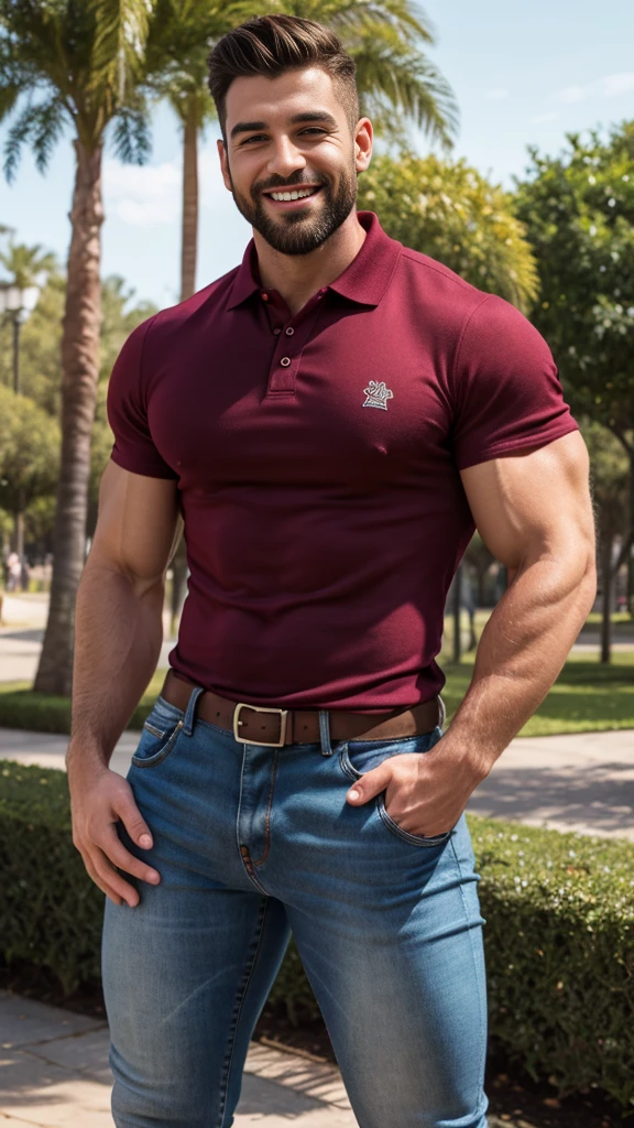 Handsome muscular man beard, strong and muscular legs, big lump, artwork, sonriendo, super sexy in jeans and burgundy polo shirt with blackstripes 8k ultra realistic masterpiece great detail next to a font super muscular , sexy , en el parque, 30 años de edad 