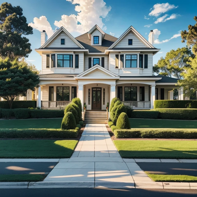 Oil painting, from above, masterpiece, beautiful modern mansion, white picket fence, cement sidewalk to front door, green grass, blue sky with fluffy clouds, golden hour