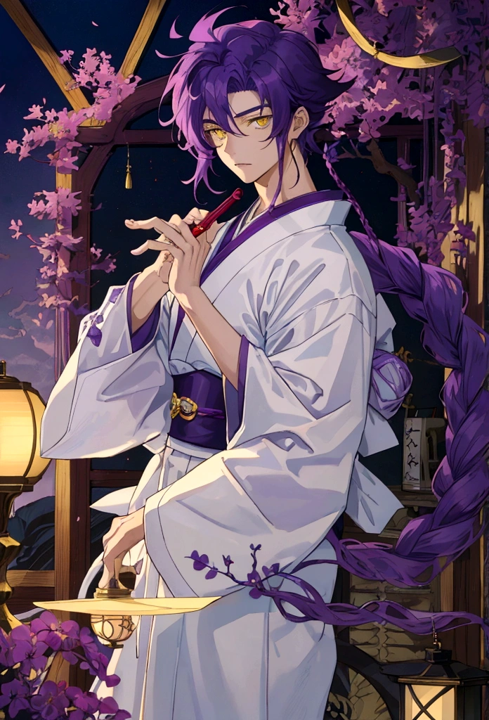 a teenage boy with purple hair the size of Cheshire's hair from twisted wonderland, with light yellow eyes and wearing a Japanese and at school,anime styling
