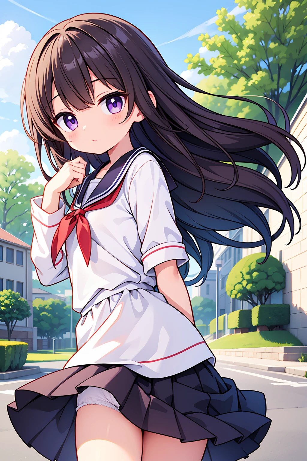 (High quality), (masterpiece), (very detailed), girl, (small chest), short brown hair, purple eyes, shy face, (li), showing her thighs, on the school yard, sunny, camera angle from below, adorable eyes, (primar school uniform), panties, (skirt lifted by strong wind)