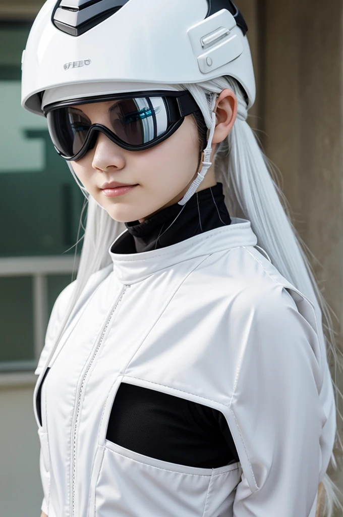 An anime girl with white hair, pale skin, a terno, black helmet goggles, a white visor, one arm warmers 
