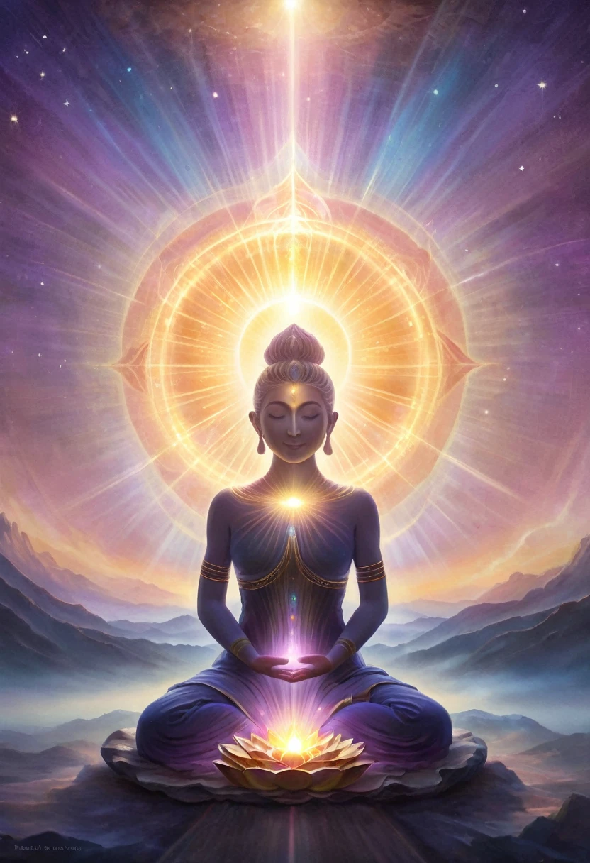 Background: A serene, ethereal landscape with a radiant light source, symbolizing divine energy. This could be a sunrise over mountains, a peaceful starry night, or an abstract representation of light.
Central Image: A figure meditating or in a prayer pose, surrounded by a glowing aura or light beams, representing the connection to divine energy.
Color Scheme: Use calming and spiritual colors like soft purples, blues, and golds to evoke a sense of peace and divinity.
Additional Elements: Subtle symbols of spirituality, such as lotus flowers, chakras, or sacred geometry, integrated into the design without overcrowding the main image.
