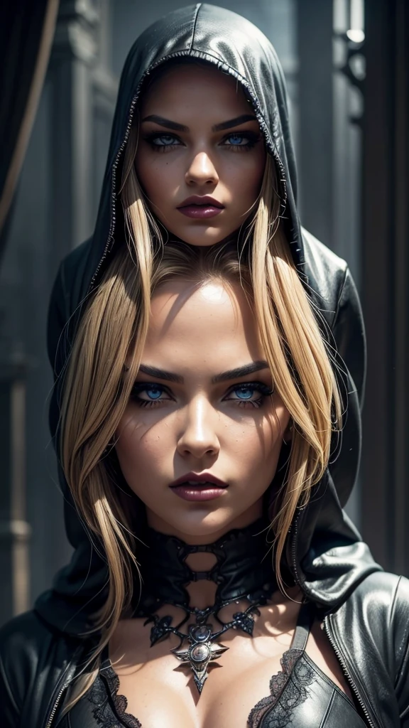 a dark hooded female spider woman, extremely detailed eyes, blonde hair, beautiful detailed lips, cinematic composition, dramatic lighting, dark moody atmosphere, hyper realistic, dark sci-fi, intricate details, realistic textures, vibrant colors, chiaroscuro lighting, moody colors, dramatic shadows, dynamic pose, powerful presence, ominous atmosphere, digital art, concept art style