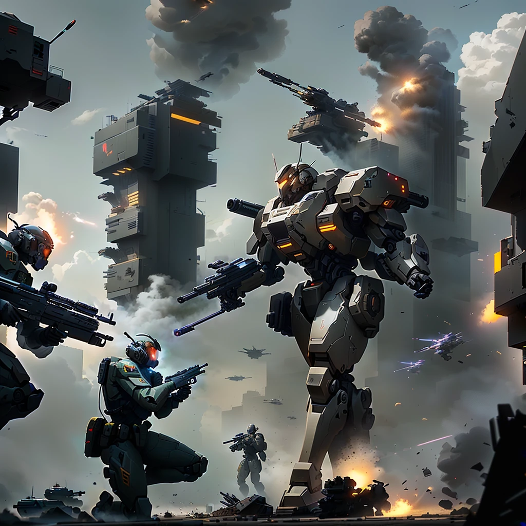 arafed image of a man with a gun and a machine gun in front of a building, soldiers and mech fight, mech machines firing bullets, futuristic battlefield, war mechs fighting, fps game concept art, high quality digital concept art, mech concept art, battletech style, concept art wallpaper 4k, 4 k concept art, 4k concept art