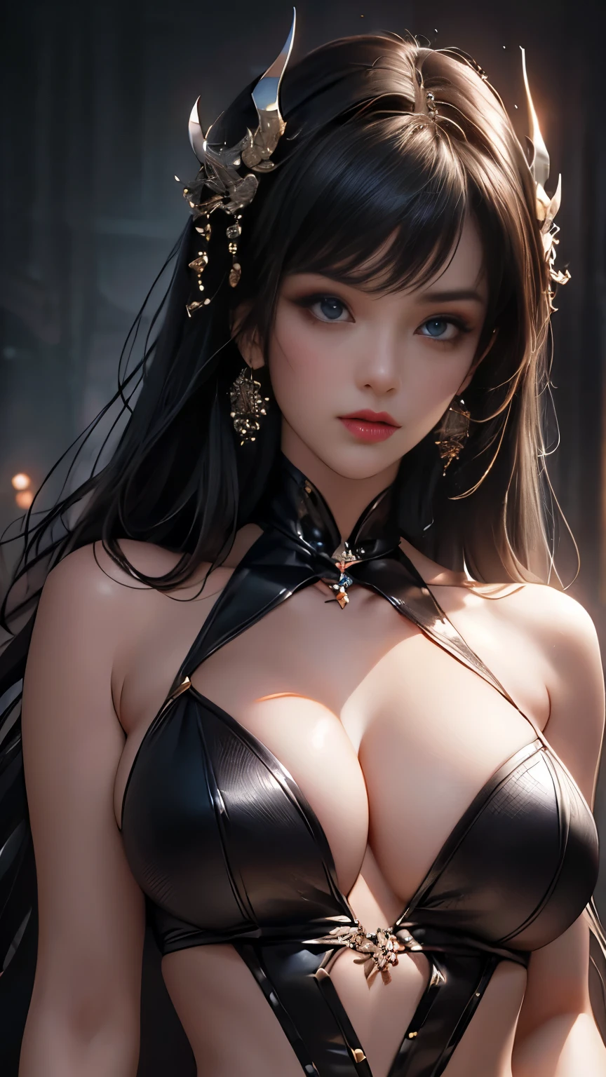 masterpiece, best quality, RAW photos, high resolution, hyper-detailing, Focus on the face, looking at viewer, Detailed eyebrows, realistic beautiful eyes, realistic glossy skin, straight Bangs, realistic movie lighting, detail shaded, high contrast, Slender, big boob, Big breasts, Exposed cleavage, nsfw, Sexy face, Facial expressions when receiving pleasure, ((Dark background)),