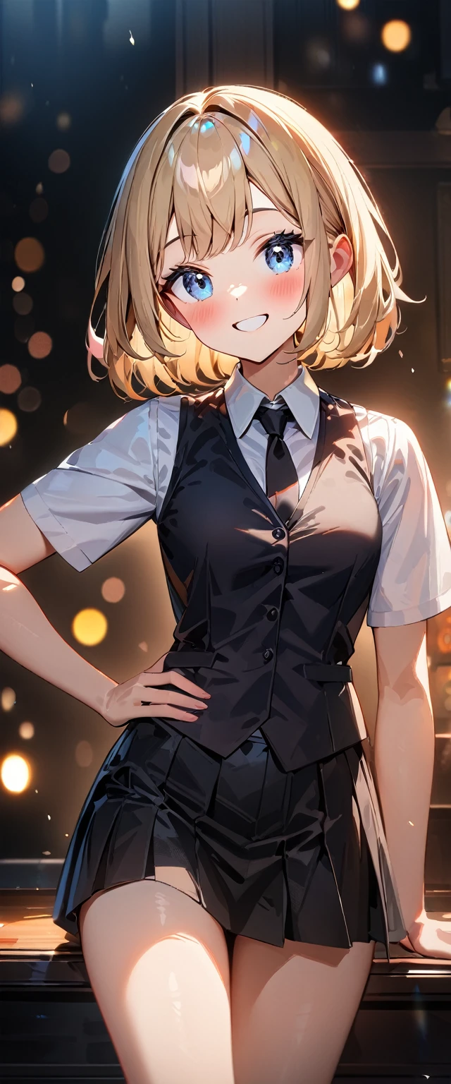 (((One girl))), blond hair, bob cut, (cowboy shot), (looking at viewer), face in focus, teenager, head tilt:1.3, (((blue eye))), ((happy smile)), ((blush)), contrapposto, one hand on hip, school summer uniform, white shirts, ((black tie under the waistcoat)), black skirt, black waistcoat, anime style, (best quality, 4k, 8k, highres, masterpiece:1.2, ultra-detailed, ultra-detailed eyes, HDR, UHD, studio lighting, ultra-fine painting, sharp focus, physically-based rendering, extreme detail description, professional, vivid colors, bokeh)