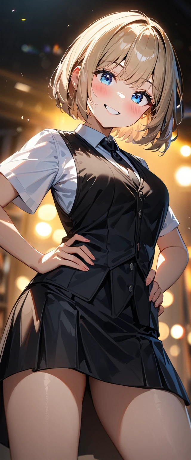 (((One girl))), blond hair, bob cut, from side, (cowboy shot), (looking at viewer), (cleavage), face in focus, ager, head tilt:1.3, (((blue eye))), ((happy smile)), ((blush)), contrapposto, one hand on hip, school summer uniform, white shirts, ((black tie under the waistcoat)), skirt, black waistcoat, anime style, (best quality, 4k, 8k, highres, masterpiece:1.2, ultra-detailed, ultra-detailed eyes, HDR, UHD, studio lighting, ultra-fine painting, sharp focus, physically-based rendering, extreme detail description, professional, vivid colors, bokeh)