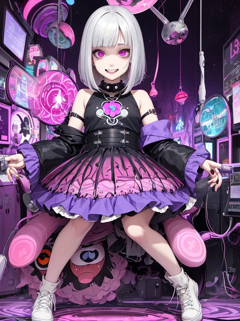 loli,drug,medicine,psycho smile,psycho,drool,psychedelic,full body,anime,mature female,HD,Detailed Background, masterpiece, highest quality,bob cut,silver hair,messy hair,Frizzy hair,purple eye,kawaii,psychedelic art,tank