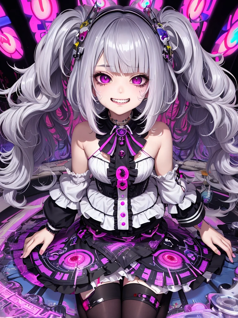loli,drug,medicine,psycho smile,psycho,drool,psychedelic,full body,anime,mature female,HD,Detailed Background, masterpiece, highest quality,bob cut,silver hair,messy hair,Frizzy hair,purple eye,kawaii,psychedelic art,tank