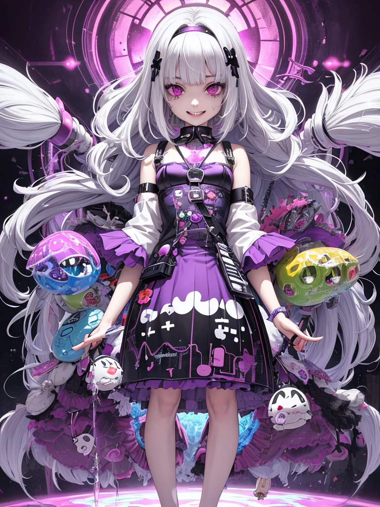 loli,drug,medicine,psycho smile,psycho,drool,psychedelic,full body,anime,mature female,HD,Detailed Background, masterpiece, highest quality,bob cut,silver hair,messy hair,Frizzy hair,purple eye,kawaii,psychedelic art,tank