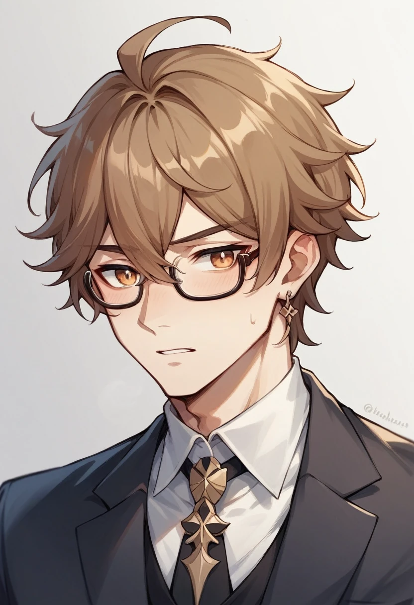 Genshin impact graphics type image of a brown haired boy, who wears glasses is pale somewhat strong But not so much about 30 years old quite attractive who wears a suit