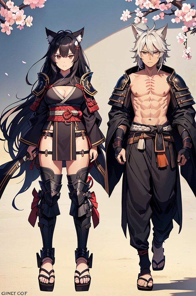 detailed, 1girl, ((character concept art)), ((character design sheet, same character, front, side, back)), dark skin, woman, black woman, masculine, brown eyes, black medium messy hair, side bang to left side of face covering eye halfway, shogun, warrior, black red kimono, armor chest piece, armor samurai shoulder pads, emotionless expression, wolf ears, wowolf tail scars on face, wearing geta footwear, long robes, Sakura petals,