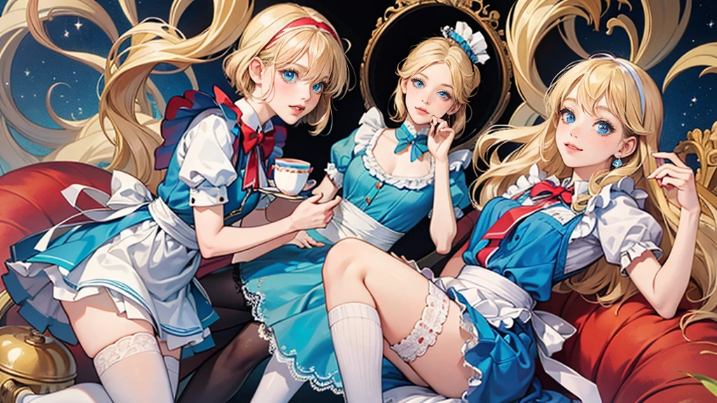 masterpiece, Highest quality, Portraiture, One Girl, (Alice in Wonderland:1.2), anime,Blue clothes, White apron, Blonde, blue eyes, Usagi, Trump, Tea cup, White lace thigh high socks, Miniskirt lift, Dynamic pose,Electro Swing