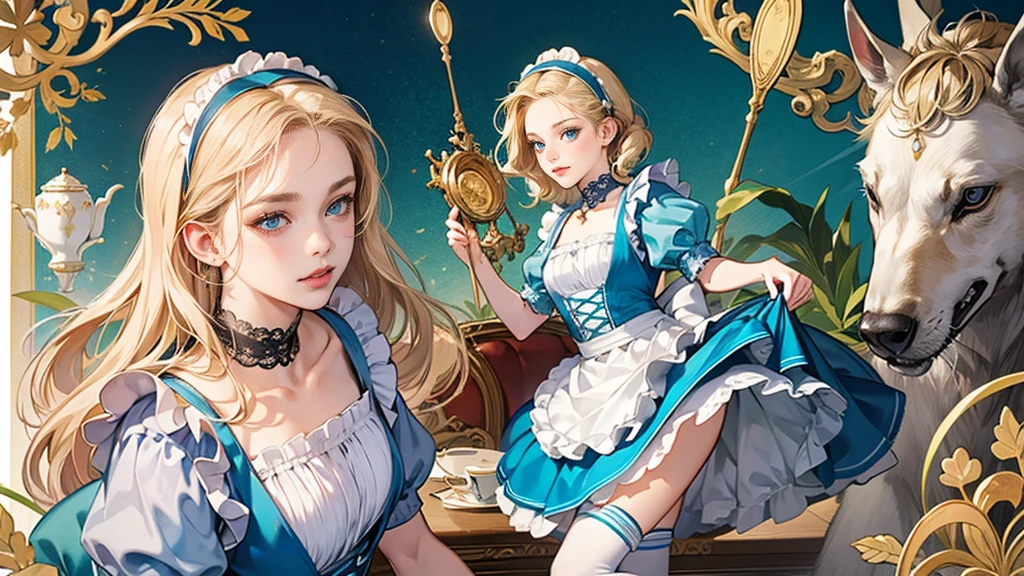masterpiece, Highest quality, Portraiture, One Girl, (Alice in Wonderland:1.2), Blue clothes, White apron, Blonde, blue eyes, Usagi, Trump, Tea cup, White lace thigh high socks, Miniskirt lift, Dynamic pose,Retro