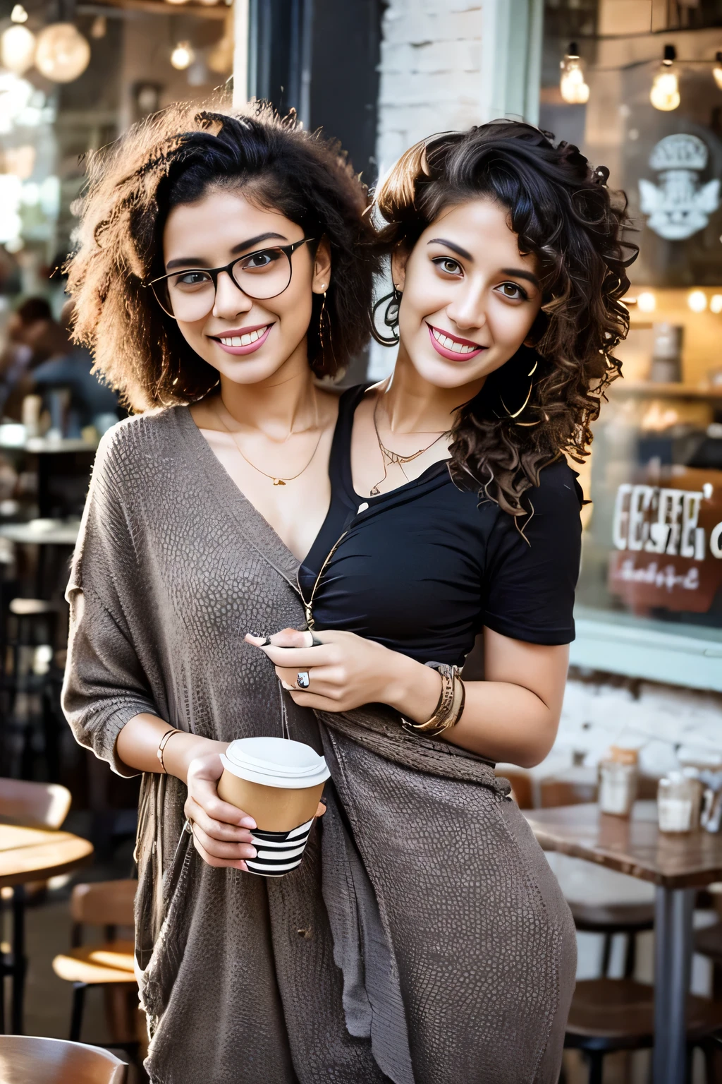 2heads, female couple, age 28, two heads on one body, one torso, hipsters, middle eastern, curly hair, hipster fashion, at a coffee shop,