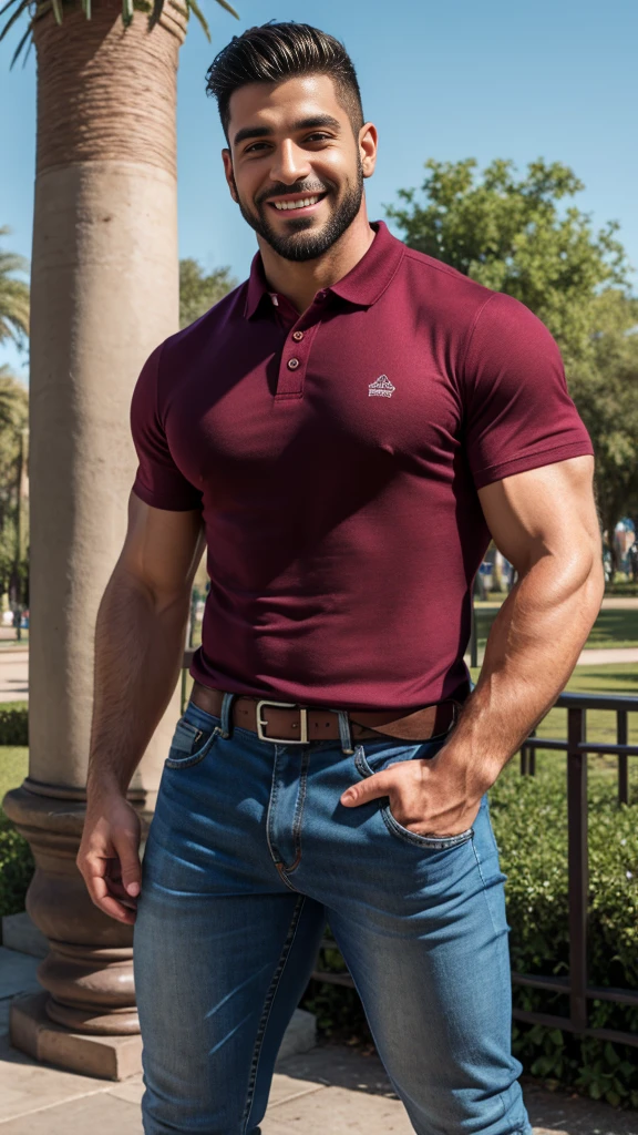 Handsome muscular latino man beard, strong and muscular legs, big lump, artwork, sonriendo, super sexy in jeans and burgundy polo shirt with blackstripes 8k ultra realistic masterpiece great detail next to a font super muscular , sexy , en el parque, 30 años de edad 