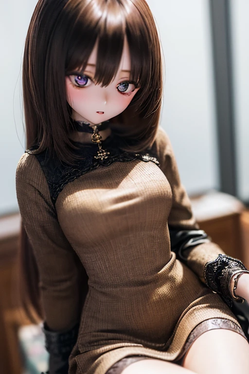 photorealistic, realistic photo, ((highest quality)), ((masterpiece)), detailed, kukolnydom, doll, (mature woman, 22yo, 22 years old:1.6), solo, ((cowboy shot, sitting on desk, skinny, slender, slim, parted lips)), green eyes, brown hair, medium hair, (looking down, blank eyes, empty eyes, detailed eyes, detailed face:1.3), dress, museum, 8k