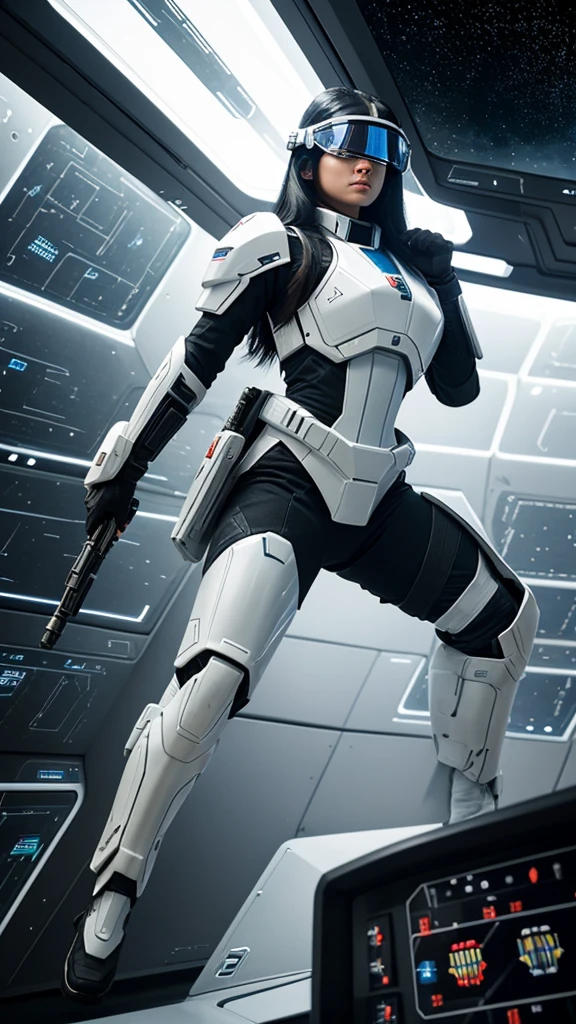 Create 4D realistic image of a futuristic beautiful with long black hair female soldier wearing white porcelain advanced combat armor, equipped with a high-tech visor and wielding a modern firearm pistol, fullbody, dynamic pose, The setting is the interior of a spacecraft with numerous screens and control panels, and through the windows, a space battle can be observed with ships exchanging fire