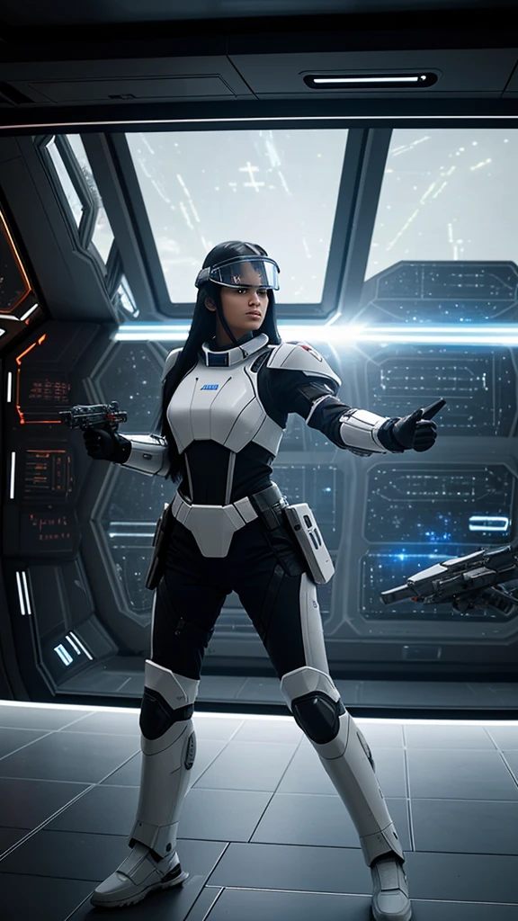 Create 4D realistic image of a futuristic beautiful with long black hair female soldier wearing white porcelain advanced combat armor, equipped with a high-tech visor and wielding a modern firearm pistol, fullbody, dynamic pose, The setting is the interior of a spacecraft with numerous screens and control panels, and through the windows, a space battle can be observed with ships exchanging fire