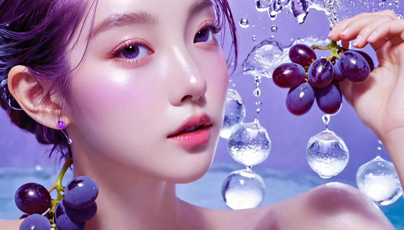 Summer Purple Grape Girl,Dopamine age, Cool summer days,Ice cubes,The watery girl,Delicate skin,Hydration,Shiny,Shiny,dream,Front view,bust,pearl,Purple grape fruit