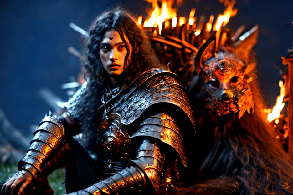 junkotvv pelo largo negro con flequillo y con orejas de gato y ojos rojos a warrior resting in bonfire, high quality, masterpiece, dark theme, dark souls theme, (fullbody sentada frente a un bonfire )