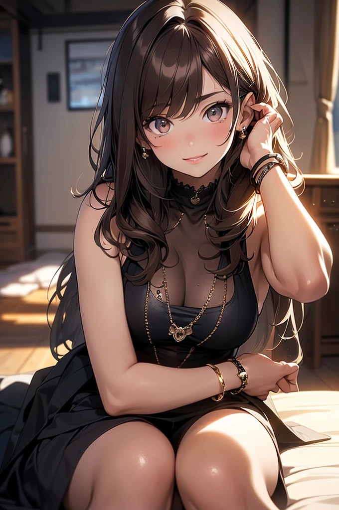 (masterpiece, best quality, ultra-detailed, highres, 4k),(beautiful detailed eyes),(very detailed face),(1girl),HDR,long hair, phone, brown eyes, brown hair, cellphone, bracelet, tank , jewelry, watch, lips, solo focus, nail polish, blurry background, smile, wristwatch, realistic, blurry, looking at viewer, no shorts, no top, no ander were