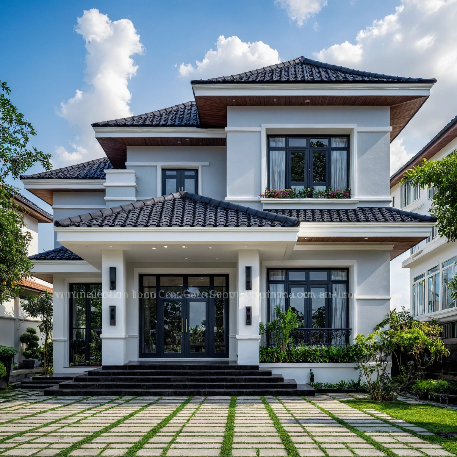 (masterpiece:1.2), best quality, photo of A two-story modern house in VietNam with white walls and dark tiles on the roof., tree and plant environment,daylight, streetcapes, natural light, vivid color, The exterior of an elegant single family home features large windows, a dark gray door frame.