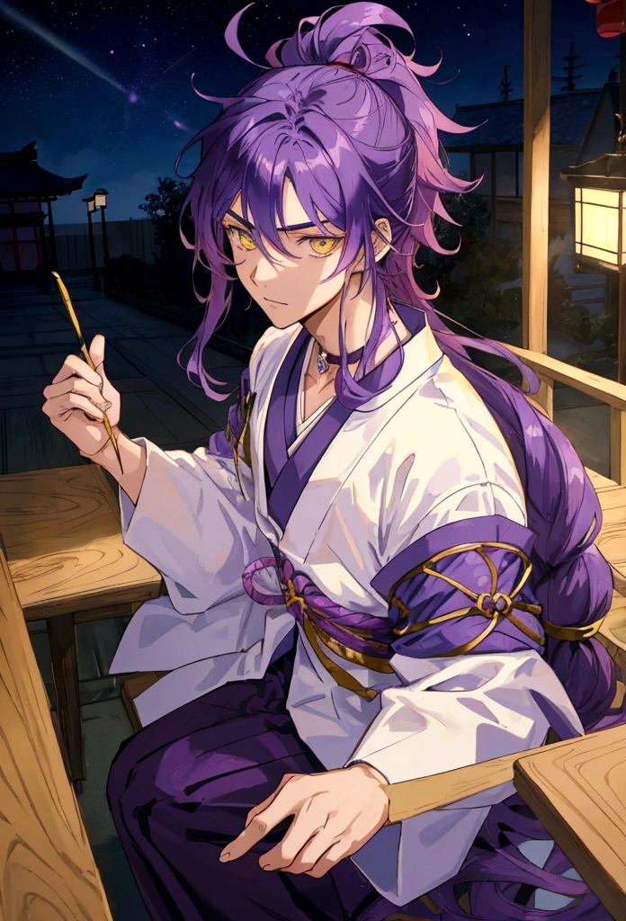 a teenage boy with purple hair the size of Cheshire&#39;s hair from twisted wonderland, with light yellow eyes and wearing a Japanese  and at school,anime styling