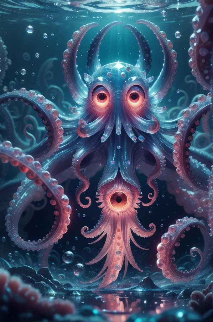 Eye focus,Tentacles,alone,Transparent glowing octopus,View your viewers,Variegated eyes,No humans,reflection,water,Extra Eyes,bubble,monster,Crystals,