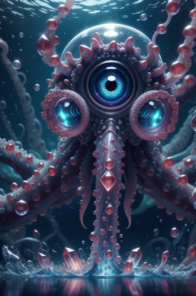 Eye focus,Tentacles,alone,Transparent glowing octopus,View your viewers,Variegated eyes,No humans,reflection,water,Extra Eyes,bubble,monster,Crystals,