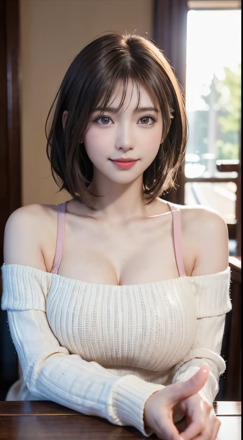 tmasterpiece，top-quality，超高分辨率，（photograph of-realistic：1.4），（（1个Giant Breast Girl，Fair skin：1.4，Look up at the viewer，19years old，prette，adolable，brunette color hair，Bob_cut，cabelo curto com franja）），A girl with a perfect figure，Oversized yellow T-shirt，cowboy lens，Coffee on the table，The large，Pubic hair shows through，（ssmile，cheerfulness，cheerfulness，cheerful big breasts，Keep one's mouth shut）， （The breast is sandwiched between the arms between the breasts），（Huge breasts），High detail eyes，long necks，（（（cabelo curto com franja）））），eyeslashes，largeeyes，（（（is very beautiful，is very beautiful）），（（（Natural soft light，Prick your ears，staring at the audience，seduce to viewer，Highlight the eyes）））），the lora：GirlfriendMix 2：1