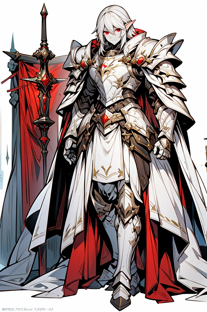 male half elf knight, full body art, silver hair, white skin, Red eye, knight full plate adorned armor, white cape, perfectly detailed.