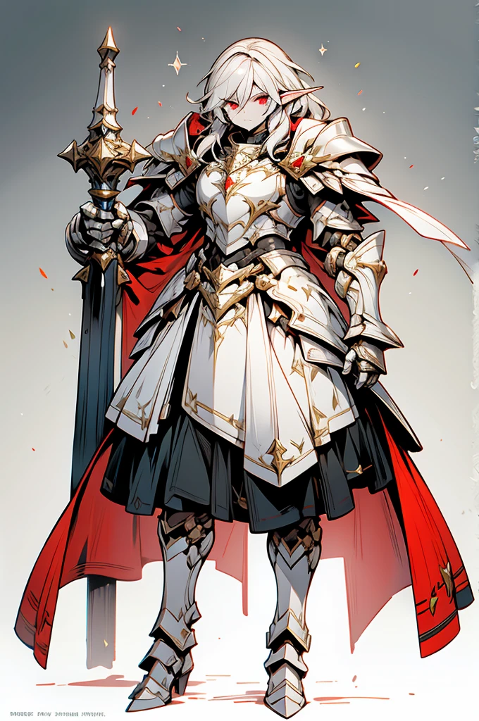 male half elf knight, full body art, silver hair, white skin, Red eye, knight full plate adorned armor, white cape, perfectly detailed.