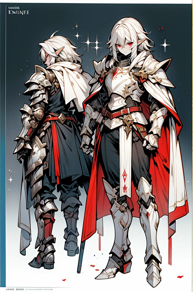 male half elf knight, full body art, silver hair, white skin, Red eye, knight full plate adorned armor, white cape, perfectly detailed.