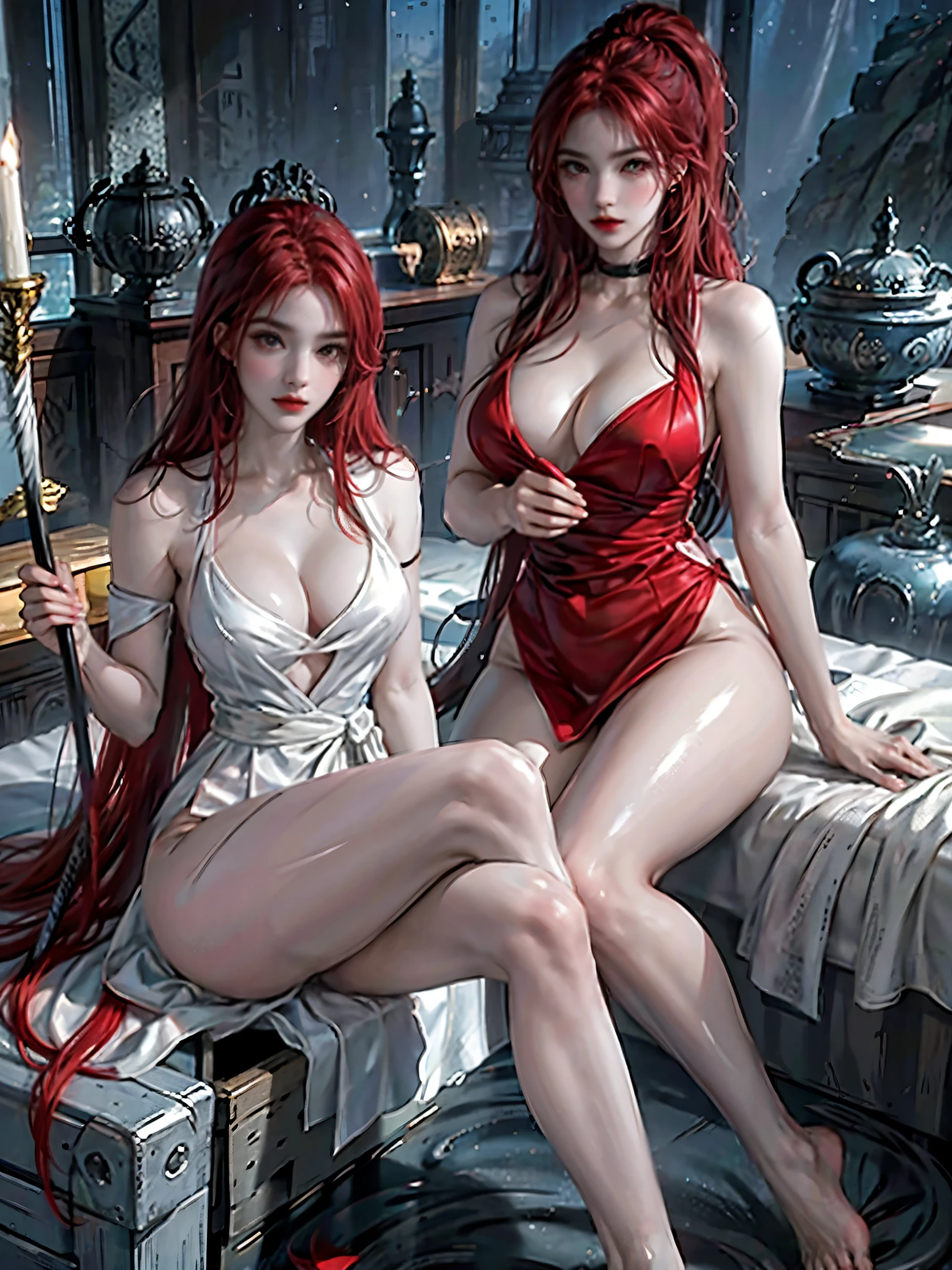 Soles of feet,Soles,Toes,Looking up,Lying down,2Women,Feet,Toes,Red Hair,y,nakrsey, Holding a long sword,Side Breast, 腿,Hold aush in hand,Delicate face, Dark eyes, A faint smile, Become a, Big breasts, Moonht sky background,Sea,Waves,Rose