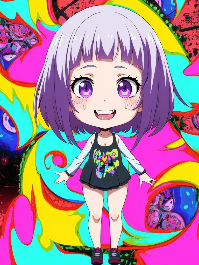 loli,drug,medicine,psycho smile,psycho,drool,psychedelic,full body,anime,mature female,HD,Detailed Background, masterpiece, highest quality,bob cut,silver hair,messy hair,Frizzy hair,purple eye,kawaii,psychedelic art,tank