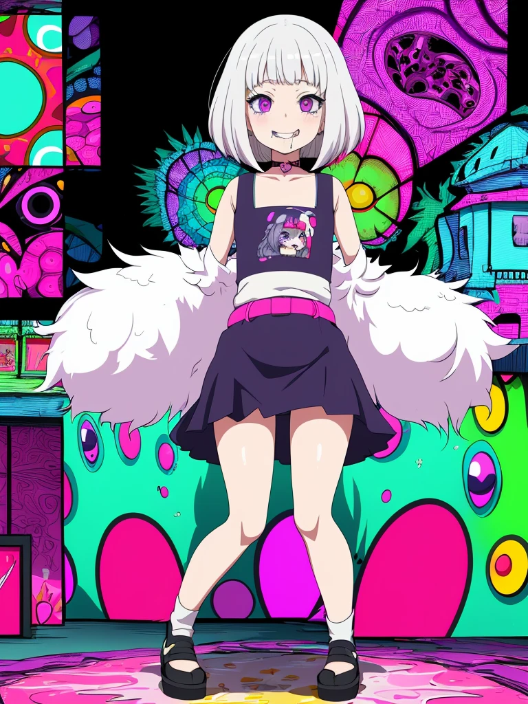,drug,medicine,psycho smile,psycho,drool,psychedelic,full body,anime,mature female,HD,Detailed Background, masterpiece, highest quality,bob cut,silver hair,messy hair,Frizzy hair,purple eye,kawaii,psychedelic art,tank