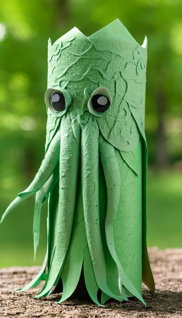 Macro Photography Cthulhu monster (made of toilete paper roll:1.05), (tprc style:1.15), in a park, clorfull, masterpice, 8k,,, Macro Photography, often for close-up views, small subjects, or detailed examination.
