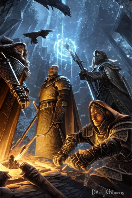 a knight, a ranger, a cleric, and a wizard exploring through a dark dungeon. 