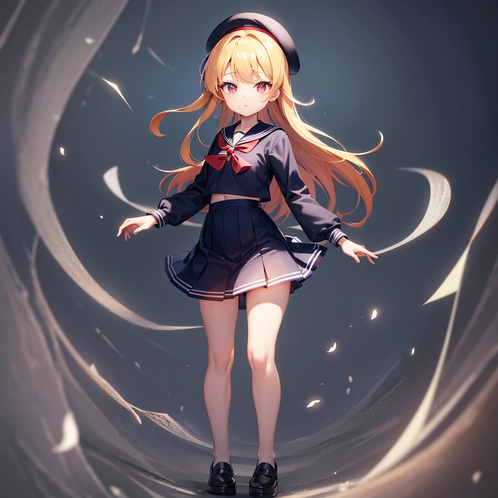 (Sailor suit),Big red ribbon,(((Navy Mini Skirt)))beret,,Cute little loli,Tiny Lori,Small girl,,Childish face, Very fine clean face,Top quality, Big eyes,Straight Hair,Yellow hair,Crimson Eye,(Dark Room), Subtle light, Natural light,Soft lighting,Light from directly behind, (Are standing), Cute pose, (Open your hands), Showing the whole body,Front view,Black background