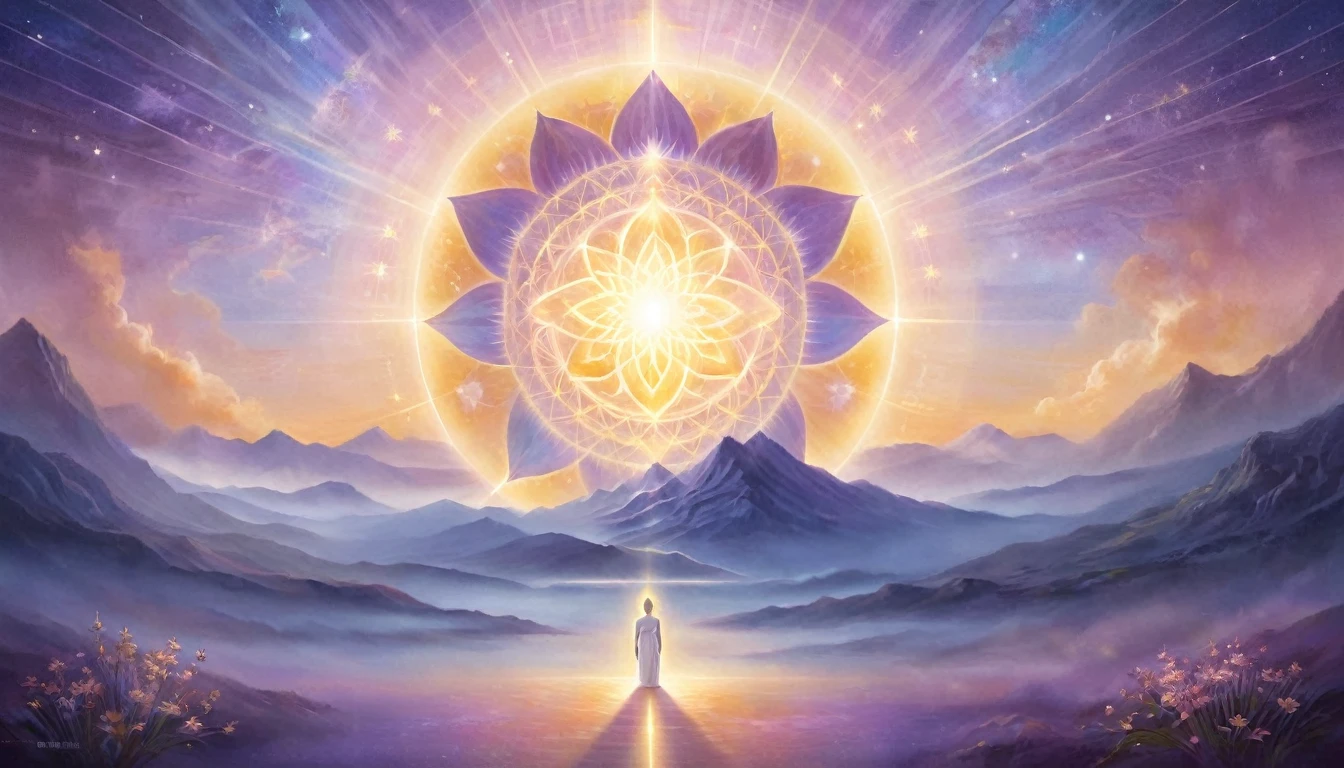 Background: A serene, ethereal landscape with radiant light (e.g., sunrise over mountains or a peaceful starry night).
Central Image: A meditative figure surrounded by a glowing aura or light beams.
Colors: Soft purples, blues, and golds.
Symbols: Subtle lotus flowers, chakras, or sacred geometry.
Text Placement: Title text at the top or bottom in a clean, elegant font.
Mood: Inspirational, serene, uplifting.