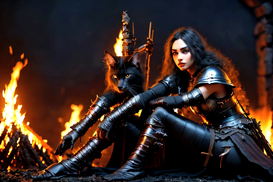 1 mujer junkotvv pelo largo negro con flequillo y con orejas de gato y ojos rojos a warrior resting in bonfire, high quality, masterpiece, dark theme, dark souls theme,  (fullbody sentada frente a un bonfire )