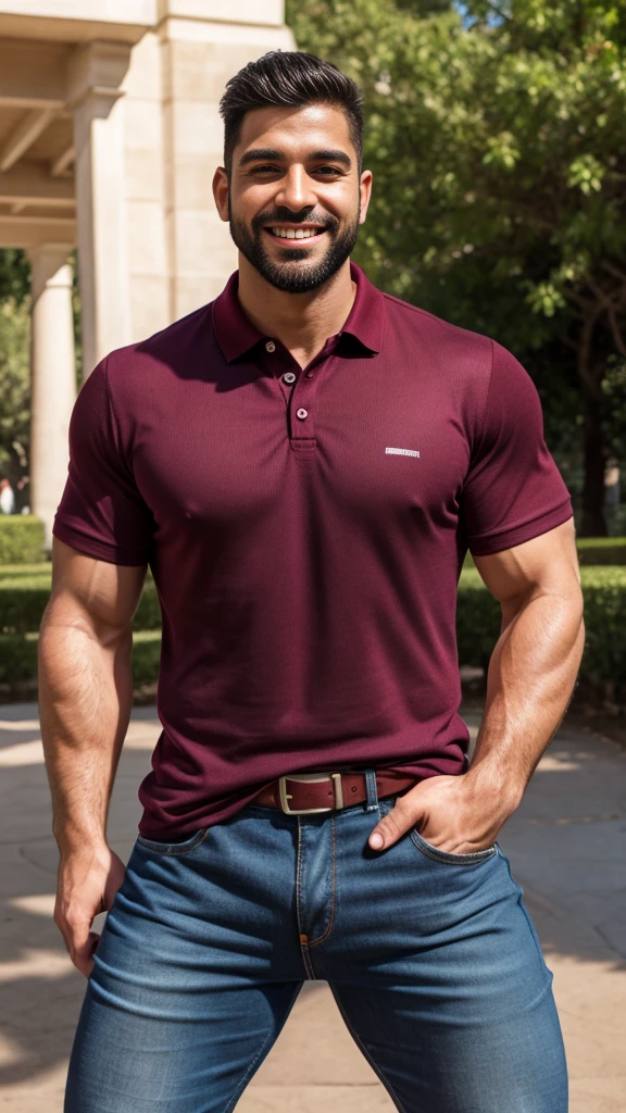 Handsome muscular latino man beard, strong and muscular legs, big lump, artwork, sonriendo, super sexy in jeans and burgundy polo shirt with blackstripes 8k ultra realistic masterpiece great detail next to a font super muscular , sexy , en el parque, 30 años de edad