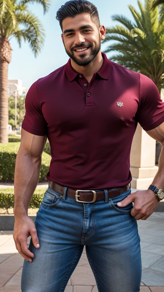 Handsome muscular latino man beard, strong and muscular legs, big lump, artwork, sonriendo, super sexy in jeans and burgundy polo shirt with blackstripes 8k ultra realistic masterpiece great detail next to a font super muscular , sexy , en el parque, 30 años de edad 